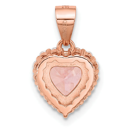 Sterling Silver Rose-plated Pink Crystal Heart and Clear CZ Pendant