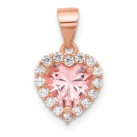 Sterling Silver Rose-plated Pink Crystal Heart and Clear CZ Pendant