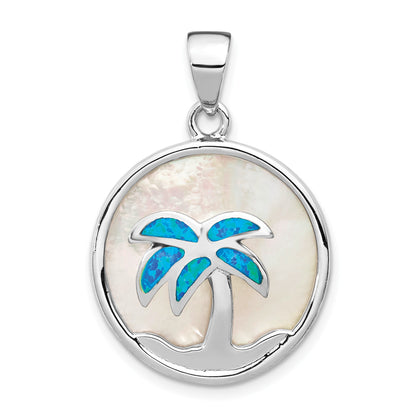 Sterling Silver Rhodium-plated Mother of Pearl and  Blue Created Opal Round Palm Tree Pendant