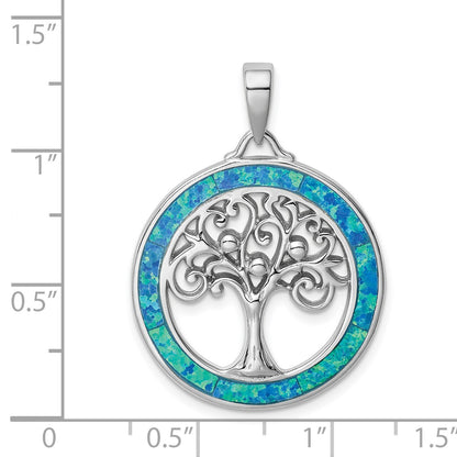 Sterling Silver Rhodium-plated Created Opal Circle w/Tree Pendant