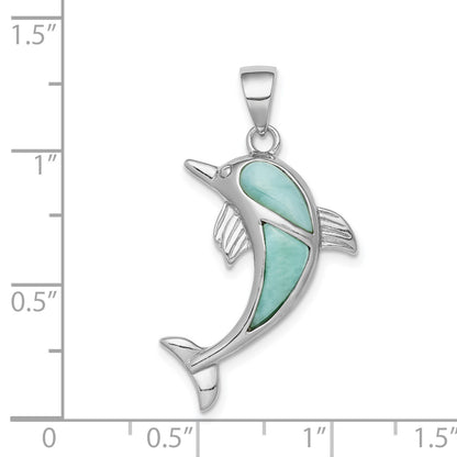 Sterling Silver Rhodium-plated Polished Larimar Dolphin Pendant