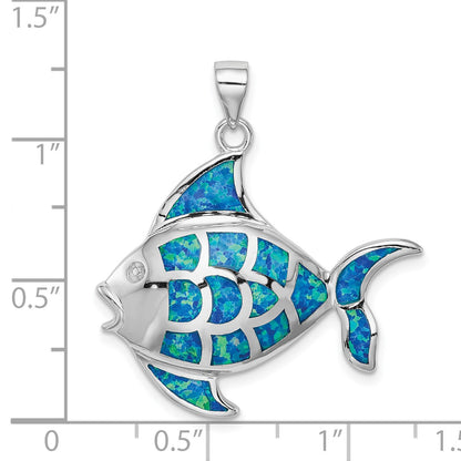 Sterling Silver Rhodium-plated Polished Created Blue Opal Fish Pendant