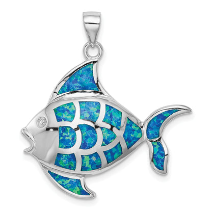 Sterling Silver Rhodium-plated Polished Created Blue Opal Fish Pendant