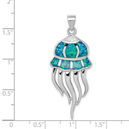 Sterling Silver Rhodium-plated Polished Created Blue Opal Jellyfish Pendant