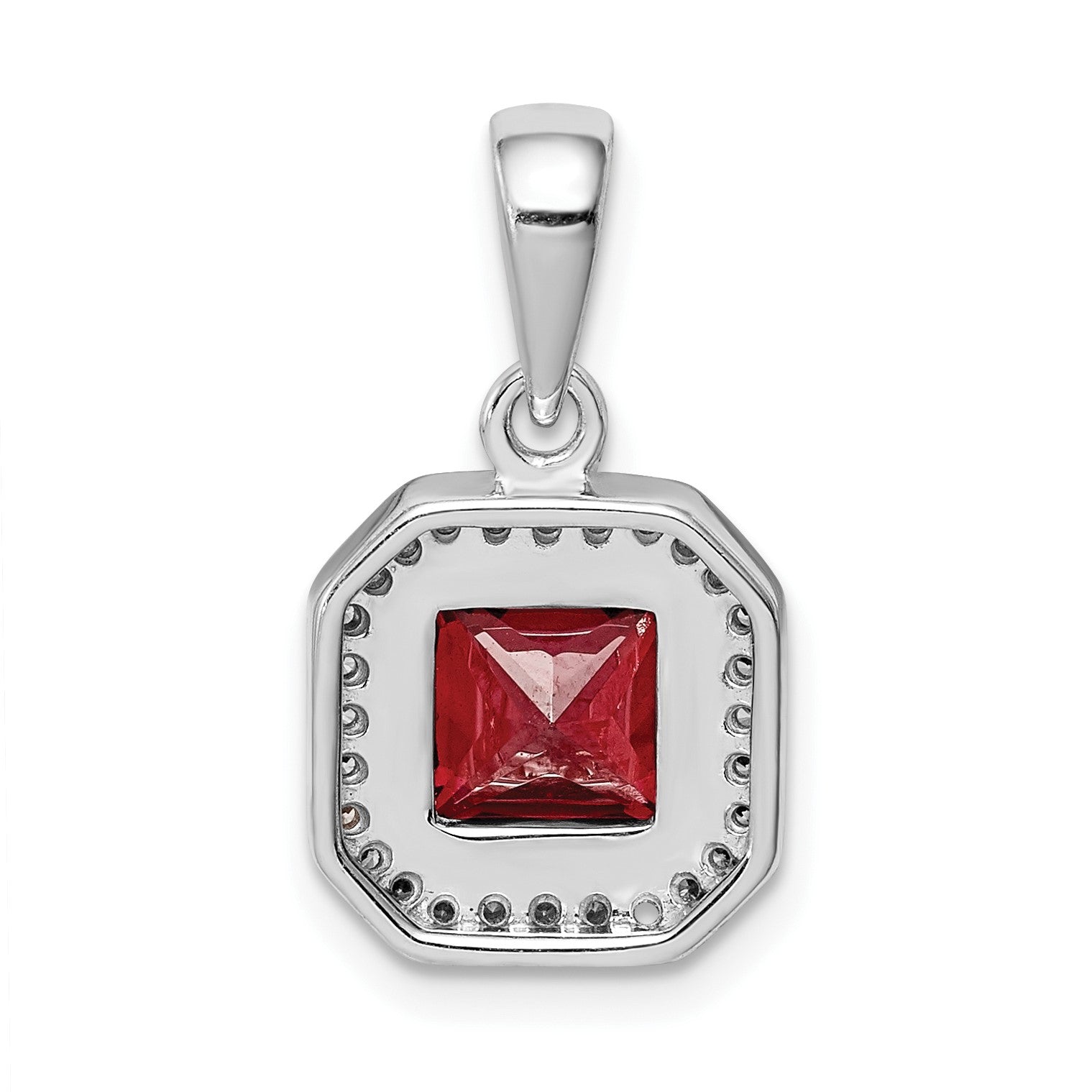 Sterling Silver Rhodium Plated Clear CZ and Square Red CZ Pendant