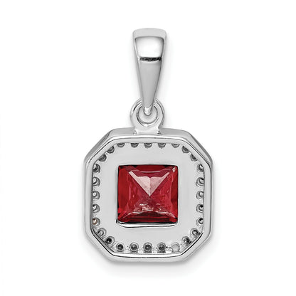 Sterling Silver Rhodium Plated Clear CZ and Square Red CZ Pendant