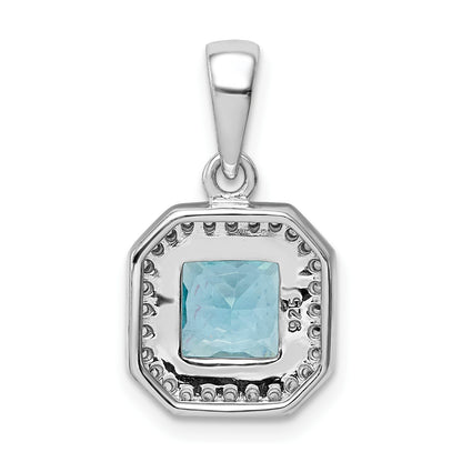 Sterling Silver Rhodium Plated Clear CZ and Square Blue CZ Pendant