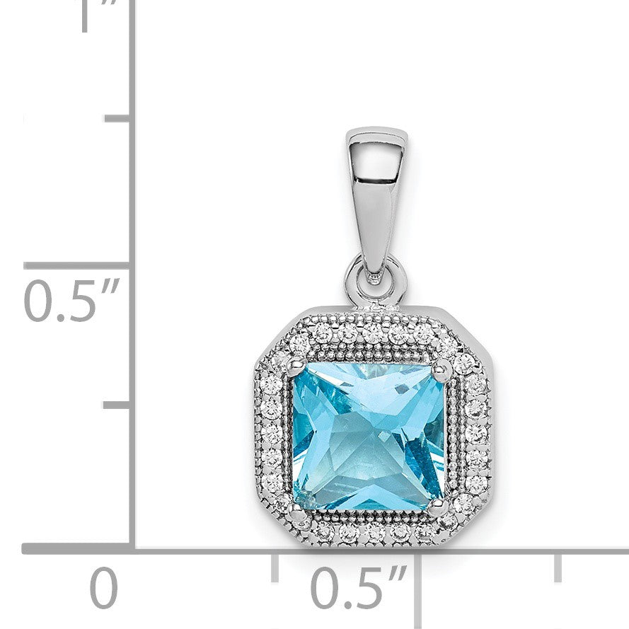 Sterling Silver Rhodium Plated Clear CZ and Square Blue CZ Pendant