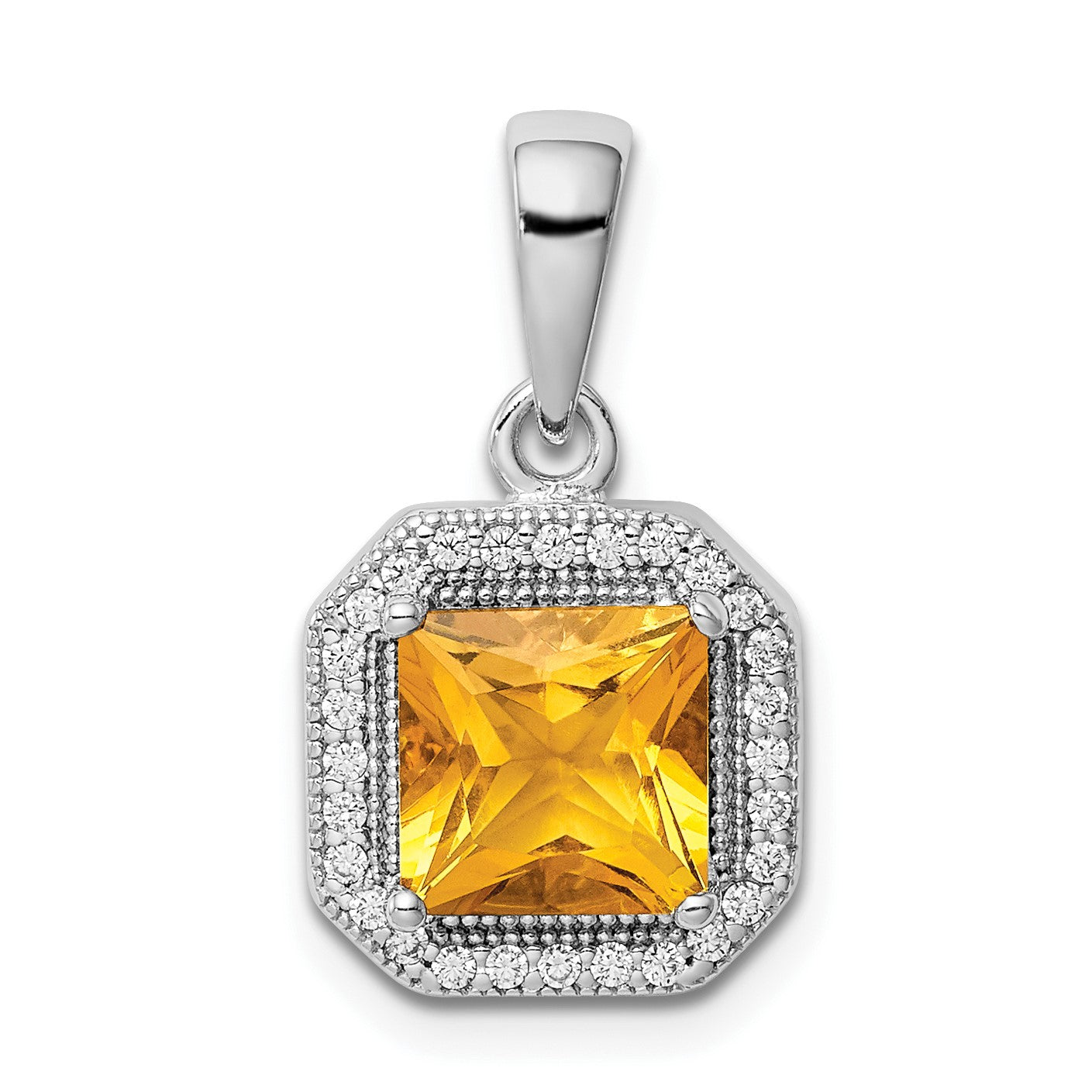 Sterling Silver Rhodium Plated Clear CZ and Square Yellow CZ Pendant