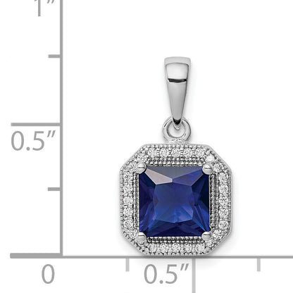 Sterling Silver Rhodium Plated Clear CZ and Square Blue CZ Pendant