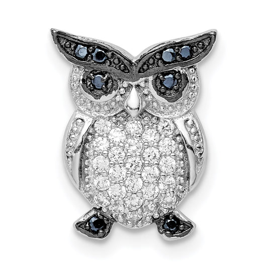 Sterling Silver Rhodium-plated Polished Black and Clear CZ Owl Chain Slide