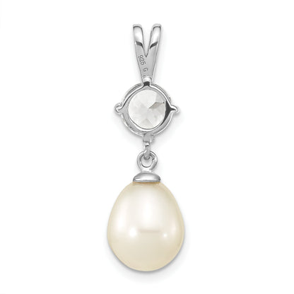Sterling Silver Rhodium-plated8-10mm White Teardrop Freshwater Cultured Pearl and 1.95WT White Topaz Pendant