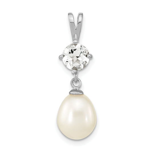 Sterling Silver Rhodium-plated8-10mm White Teardrop Freshwater Cultured Pearl and 1.95WT White Topaz Pendant