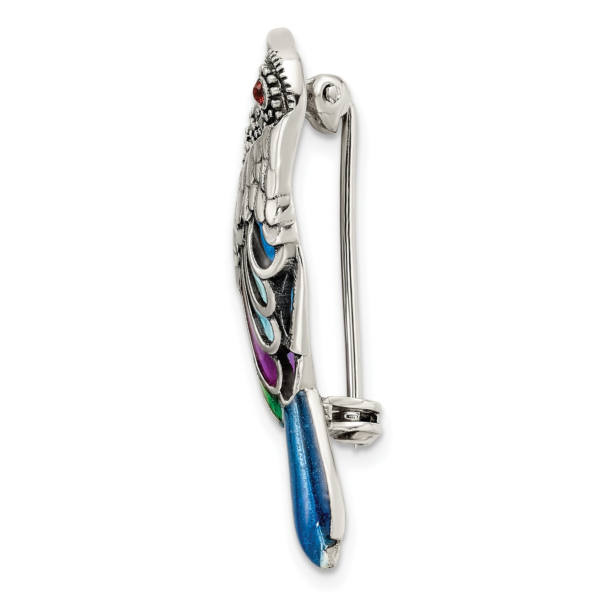 Sterling Silver Antiqued Multicolored Enameled Marcasite and Garnet Bird Pin Brooch