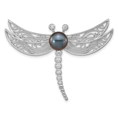 Sterling Silver Rhodium-plated 8-9mm Black Button Freshwater Cultured Pearl and CZ Dragonfly Brooch