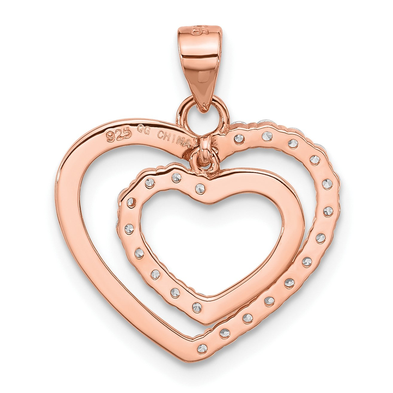 Sterling Silver Rose-plated CZ Double Heart Pendant