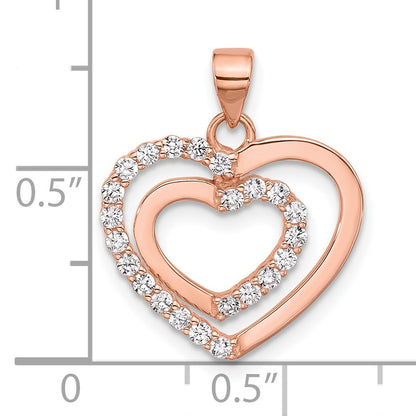 Sterling Silver Rose-plated CZ Double Heart Pendant