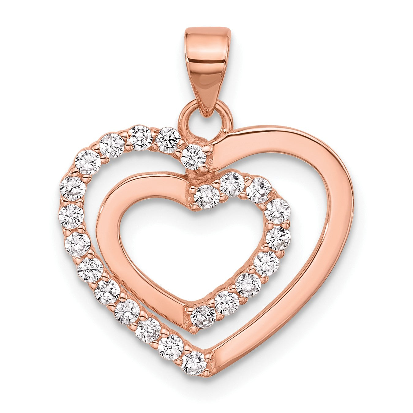 Sterling Silver Rose-plated CZ Double Heart Pendant