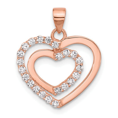 Sterling Silver Rose-plated CZ Double Heart Pendant