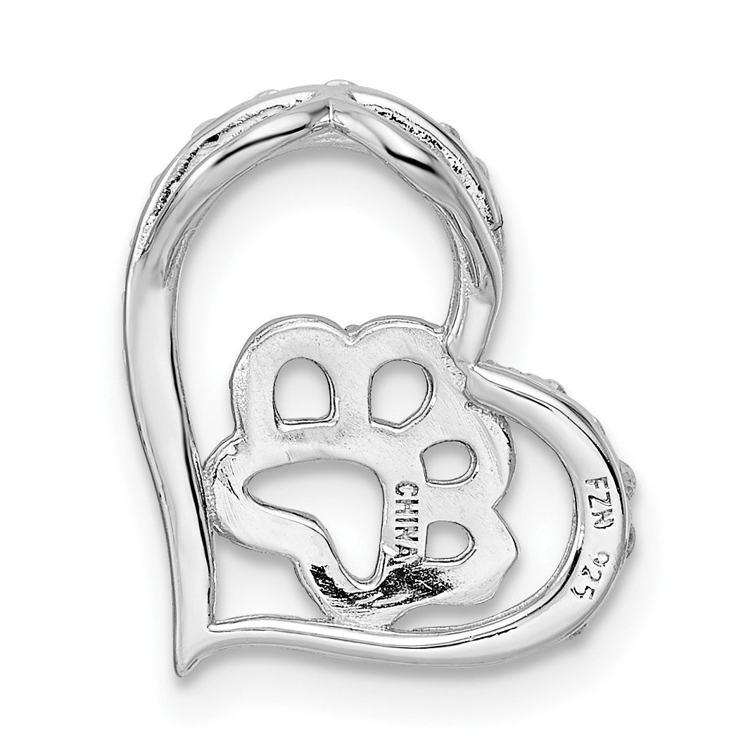 Sterling Silver Bk/Wht CZ Rhod-plated Paw Print Heart Chain Slide