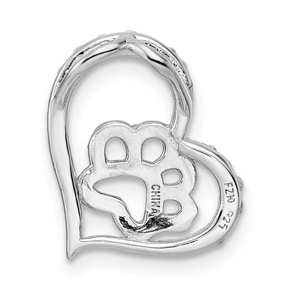 Sterling Silver Bk/Wht CZ Rhod-plated Paw Print Heart Chain Slide