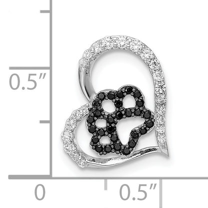 Sterling Silver Bk/Wht CZ Rhod-plated Paw Print Heart Chain Slide