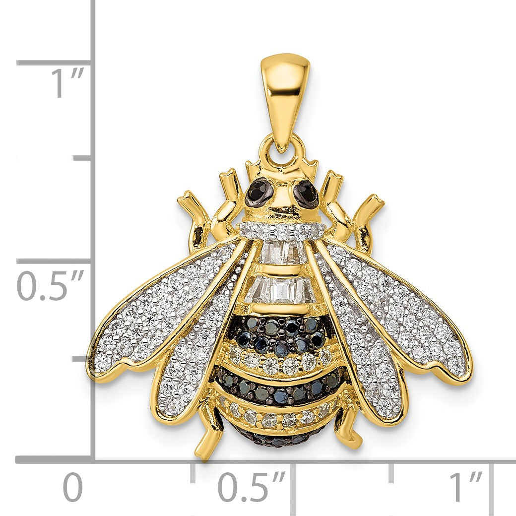 Sterling Silver Blk/White RH-plated Gold-tone CZ Bumblebee Pendant