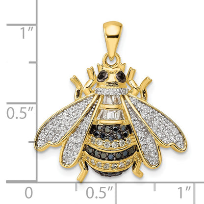 Sterling Silver Blk/White RH-plated Gold-tone CZ Bumblebee Pendant