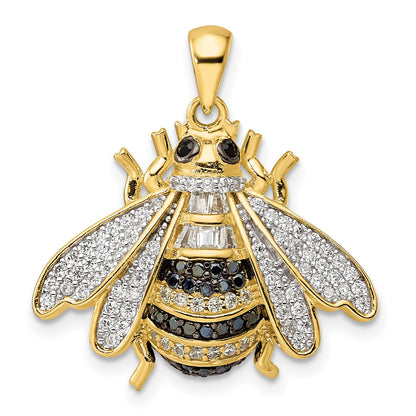 Sterling Silver Blk/White RH-plated Gold-tone CZ Bumblebee Pendant