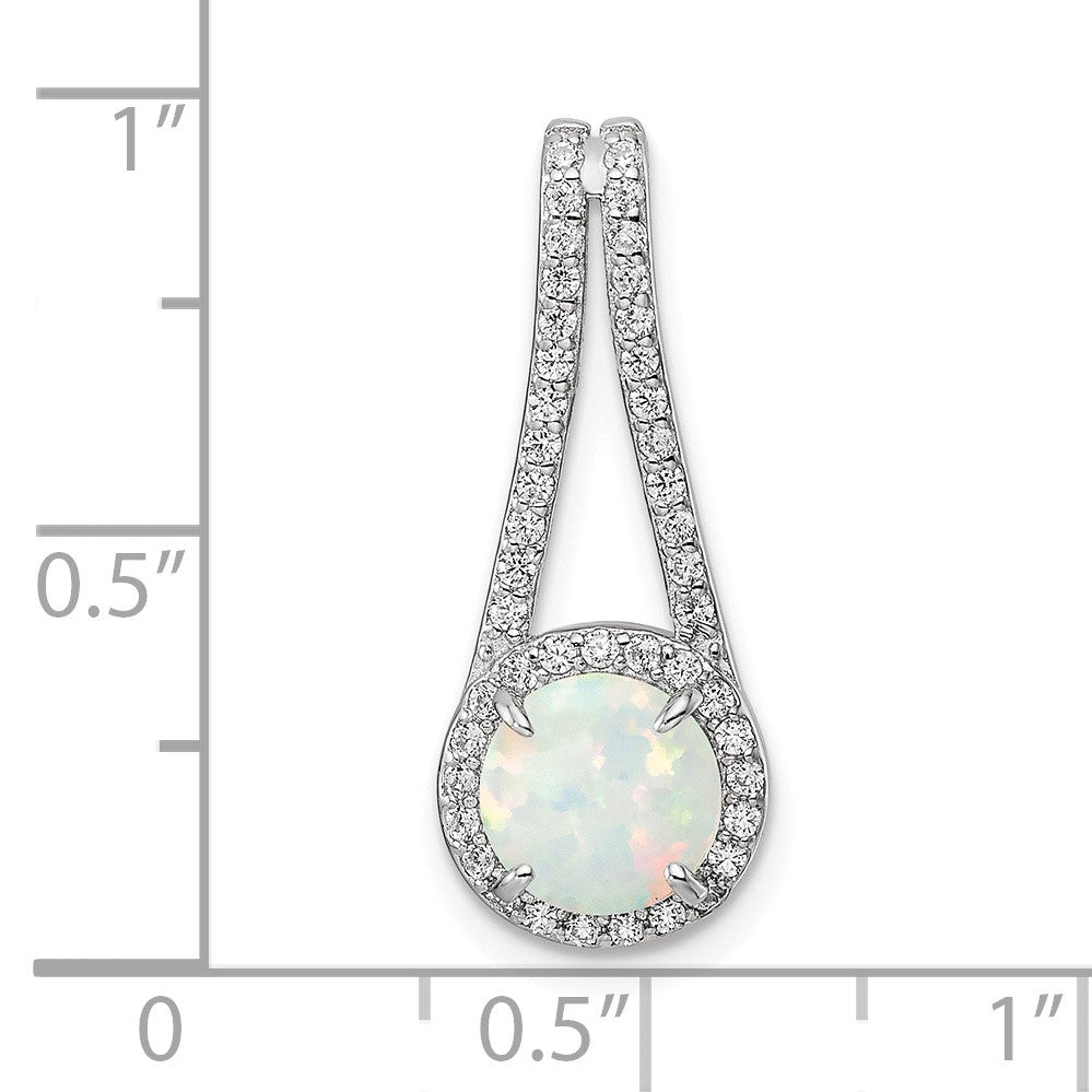 Sterling Silver Rhod-plated Polished White Created Opal & CZ Halo Pendant