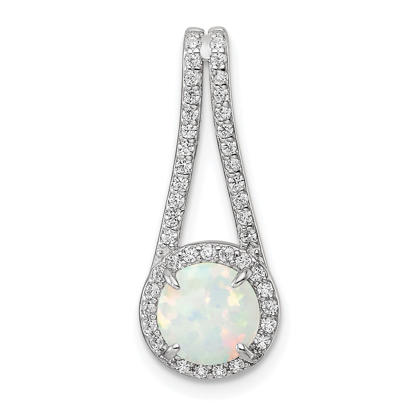 Sterling Silver Rhod-plated Polished White Created Opal & CZ Halo Pendant