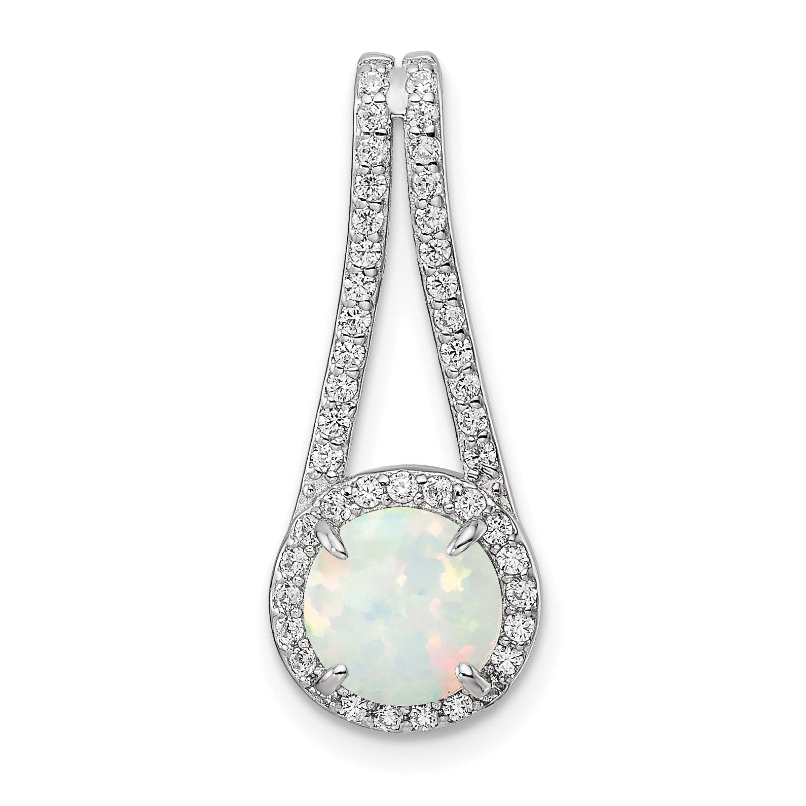 Sterling Silver Rhod-plated Polished White Created Opal & CZ Halo Pendant