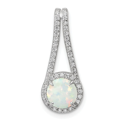 Sterling Silver Rhod-plated Polished White Created Opal & CZ Halo Pendant
