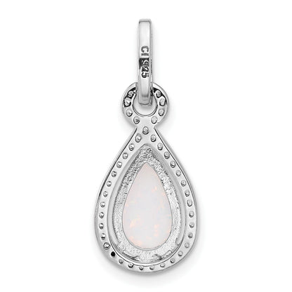 Sterling Silver Rhodium-plated Created Opal and CZ Teardrop Pendant