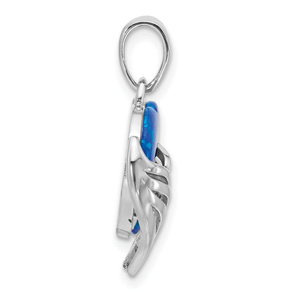 Sterling Silver Rhodium-plated Blue Created Opal Heart with Wings Pendant