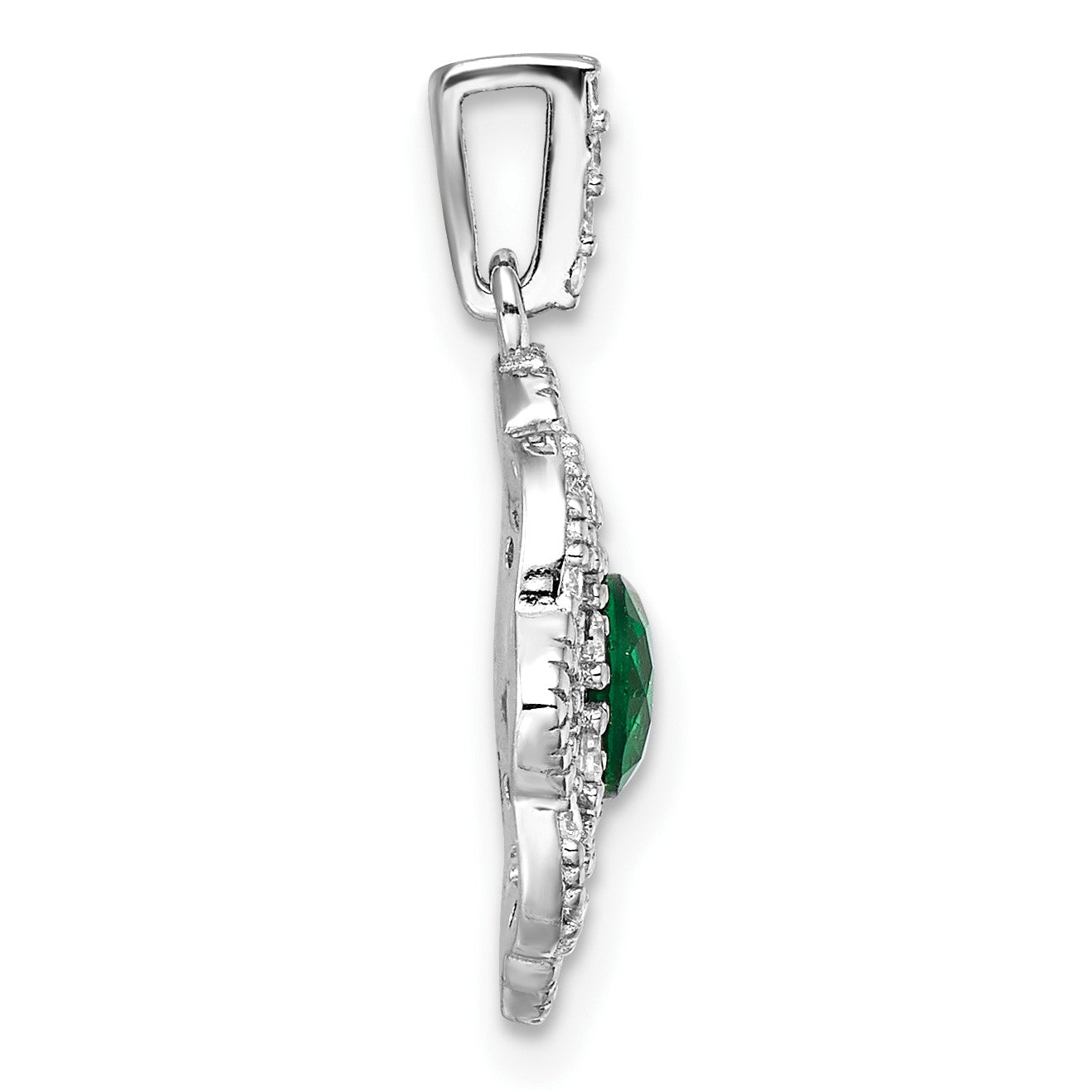 Sterling Silver RH-pltd Green Glass & Clear CZ Fancy Vintage Pendant