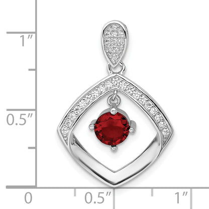 Sterling Silver RH-plated Red Glass & Clear CZ Fancy Square Pendant