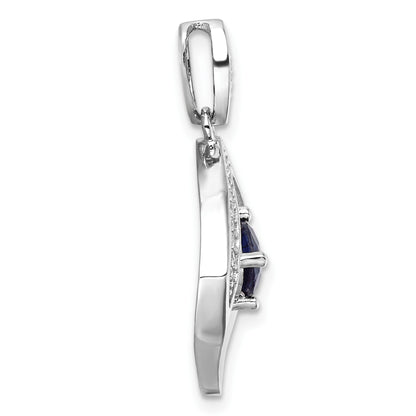 Sterling Silver RH-pltd Blue Glass and Clear CZ Fancy Square Pendant