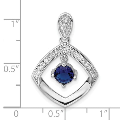 Sterling Silver RH-pltd Blue Glass and Clear CZ Fancy Square Pendant