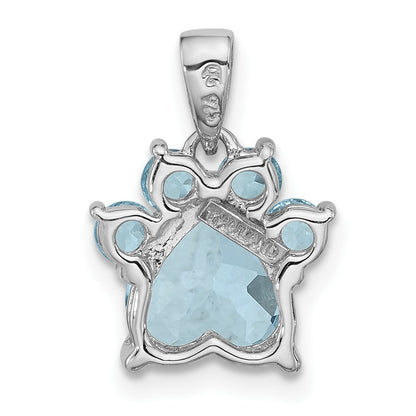 Sterling Silver Rhodium-plated Polished Sky Blue Topaz Paw Pendant