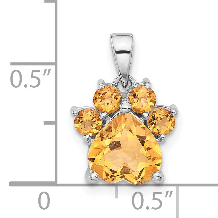 Sterling Silver Rhodium-plated Polished Citrine Paw Pendant