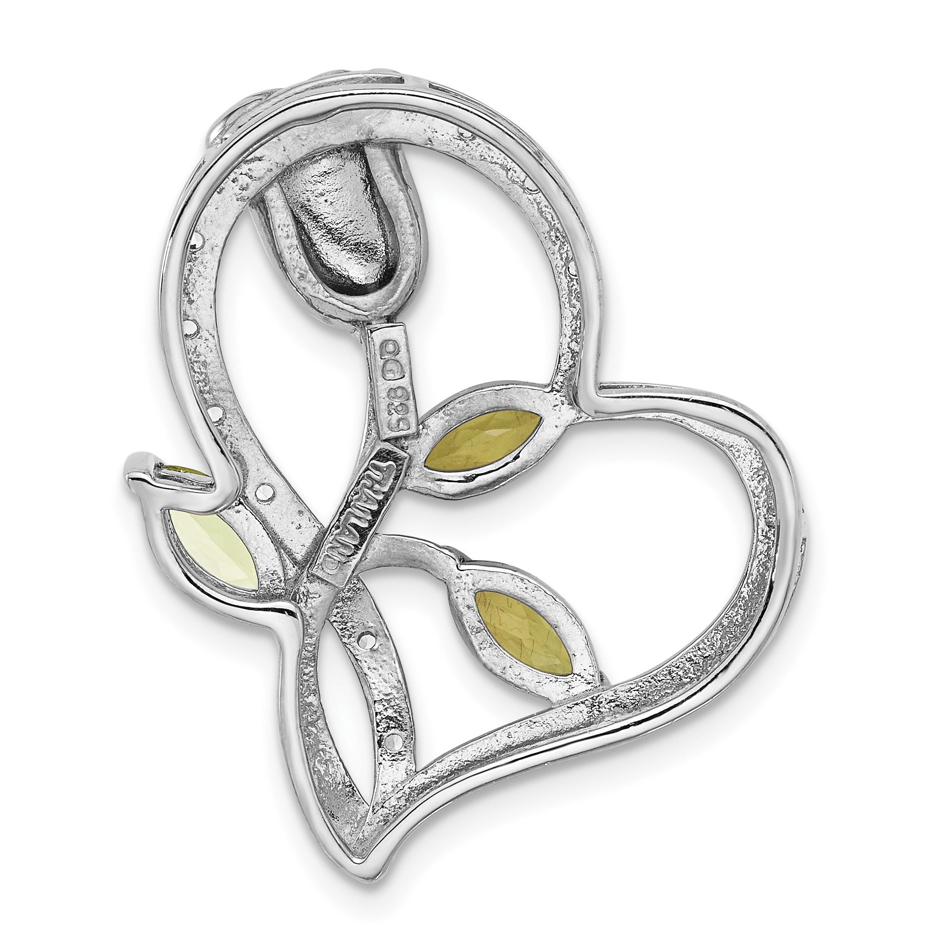 Sterling Silver Rhodium Peridot and White Topaz Rose Heart Chain Slide