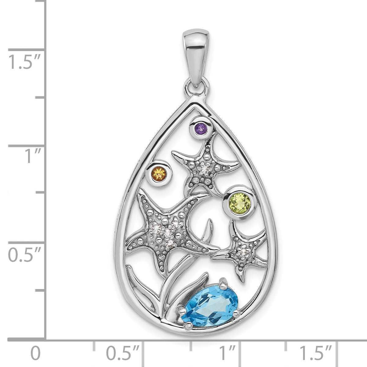 Sterling Silver Rhodium-plated Polished Rainbow Multi-Gemstone Starfish Pendant