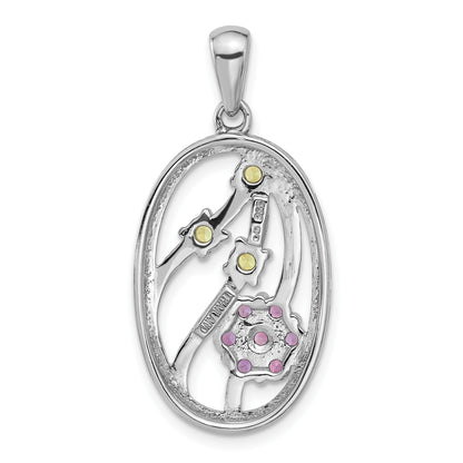 Sterling Silver Rhodium-plated Amethyst and Peridot Flower Pendant