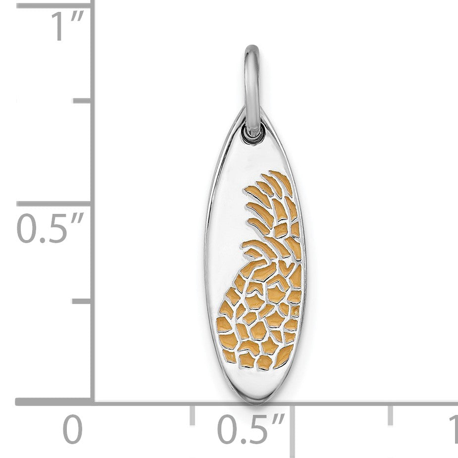 Sterling Silver Rhodium-plated Yellow Enamel Pineapple Surfboard Pendant