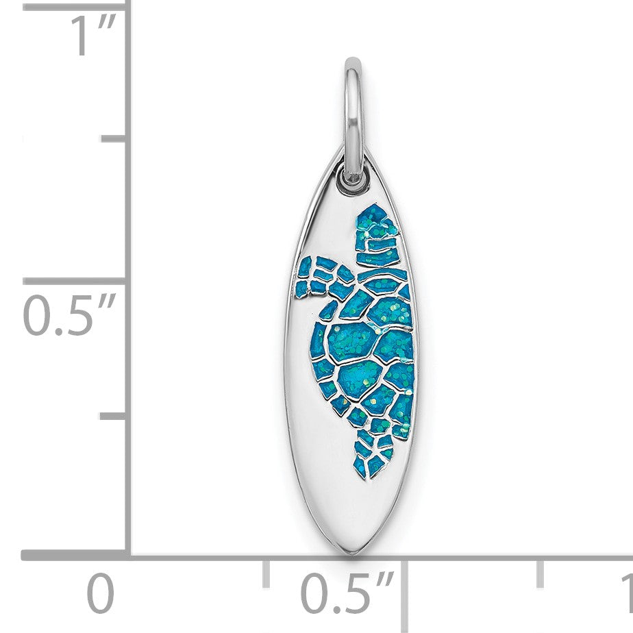Sterling Silver Rhodium-plated Polished Blue Enamel Turtle Surfboard Pendant