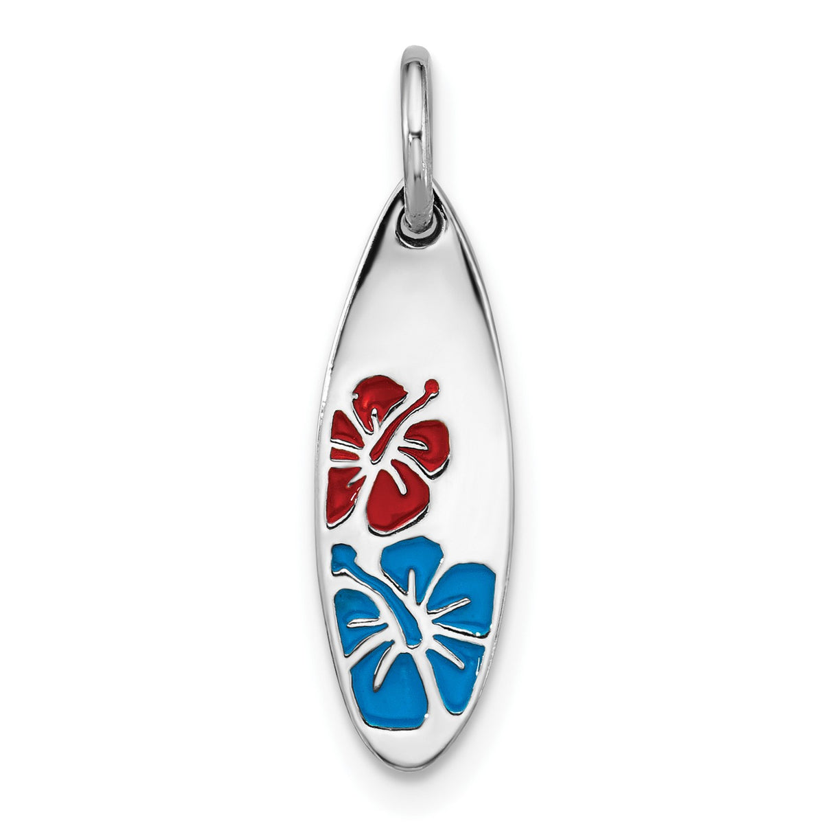 Sterling Silver Rhodium-plated Polished Enamel Flower Surfboard Pendant