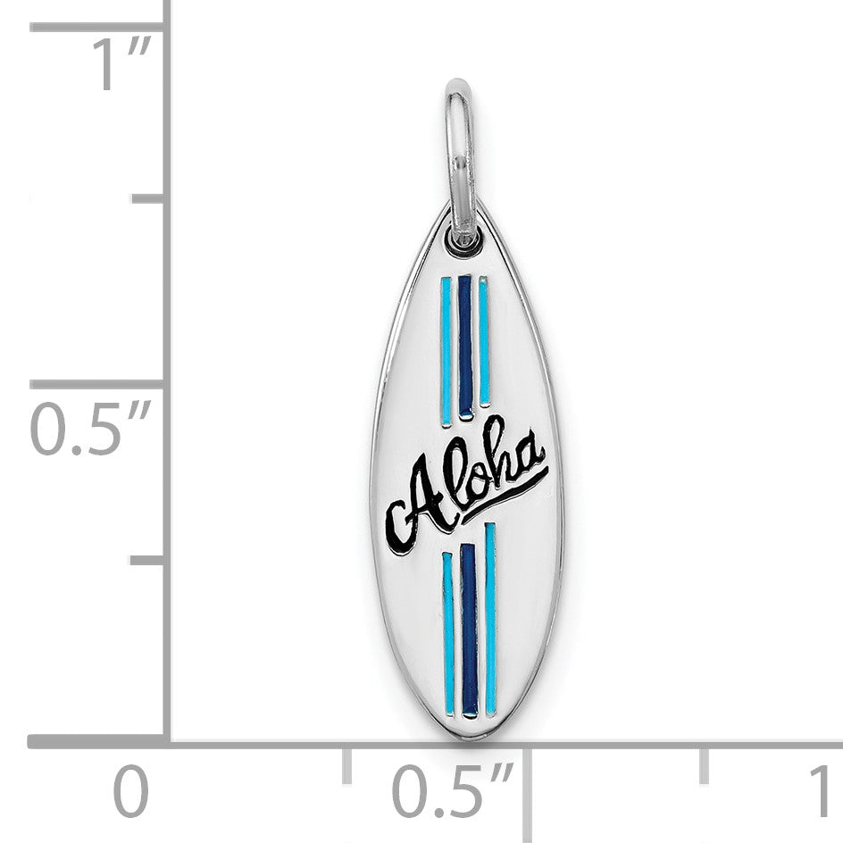 Sterling Silver Rhodium-plated Polished Blue and Black Enamel Aloha Surfboard Pendant