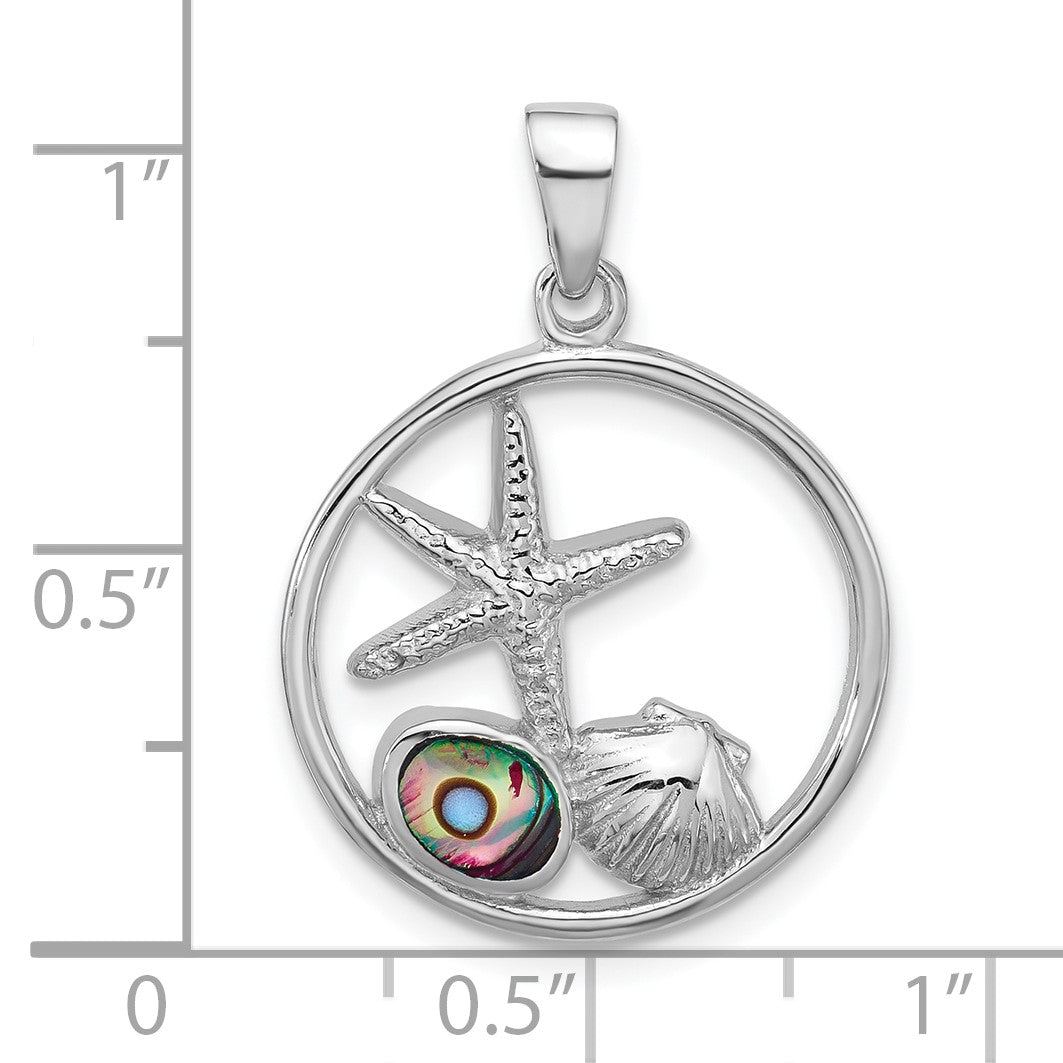 Sterling Silver Rhodium-plated Polished Paua Shell Starfish and Shell Pendant