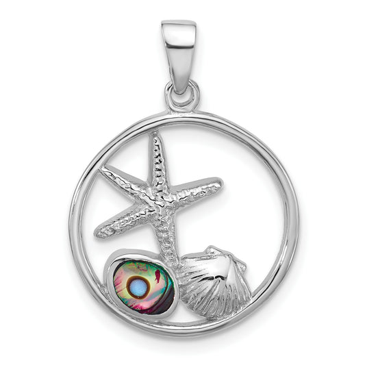 Sterling Silver Rhodium-plated Polished Paua Shell Starfish and Shell Pendant
